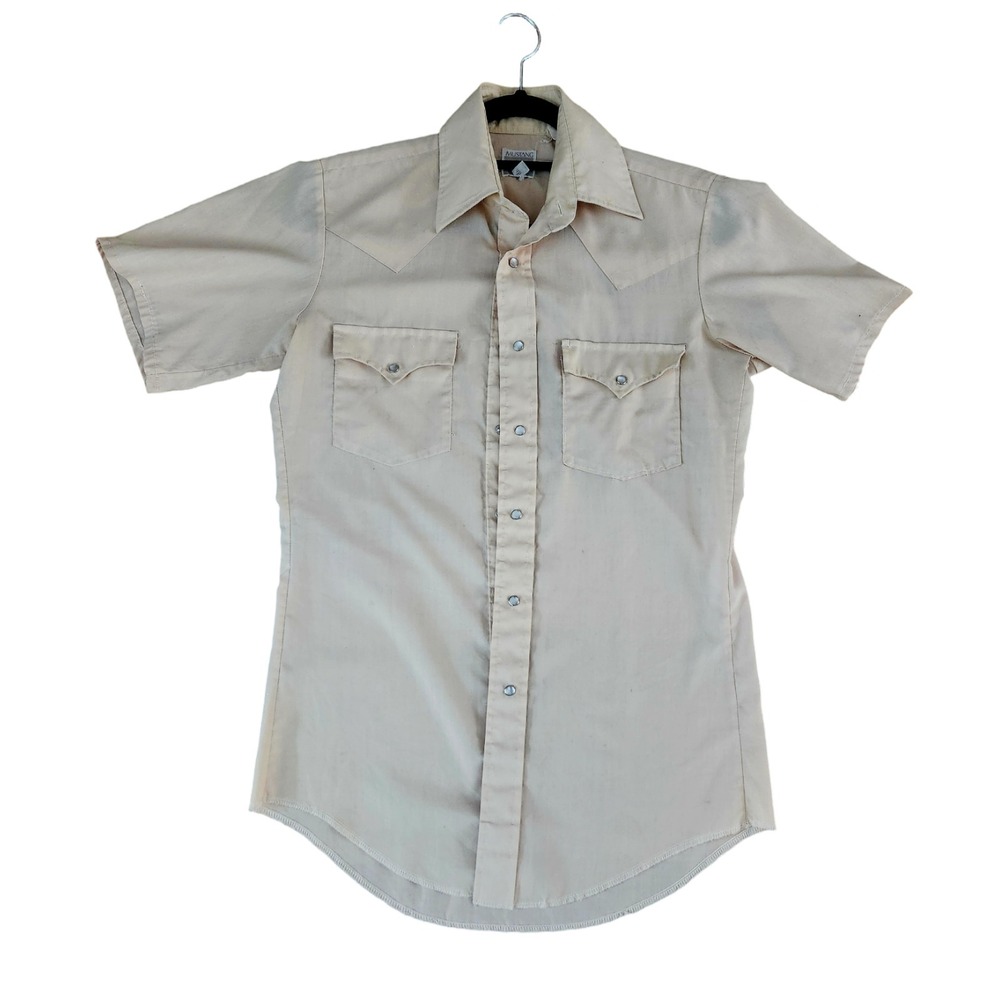 VTG style MUSTANG WESTERN PEARL SNAP SHIRT SLEEVE PALE YELLOW/CREAM 14 1/2 - 33